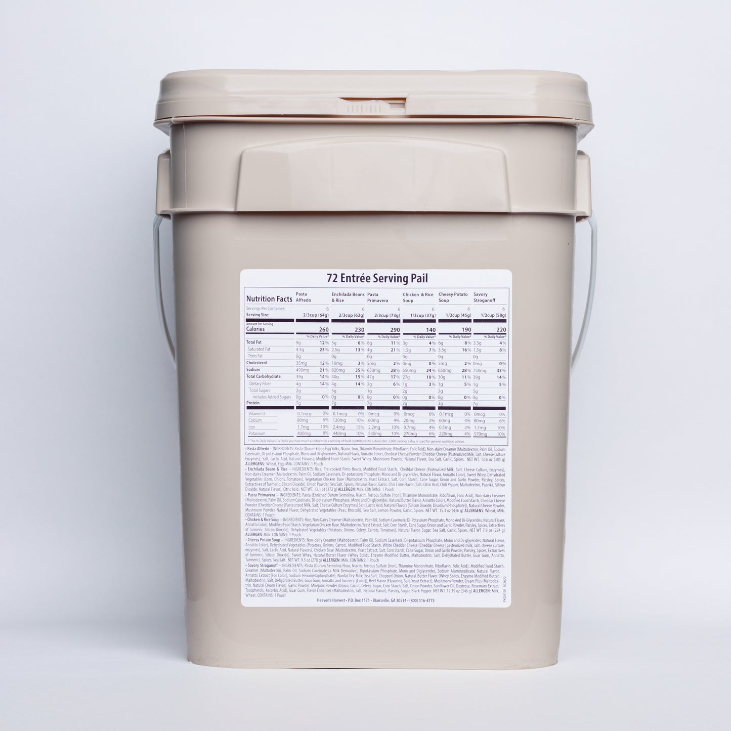 Entree Bucket  - 1 Person 1 Month - 72 Servings - Emergency Survival Food Kit