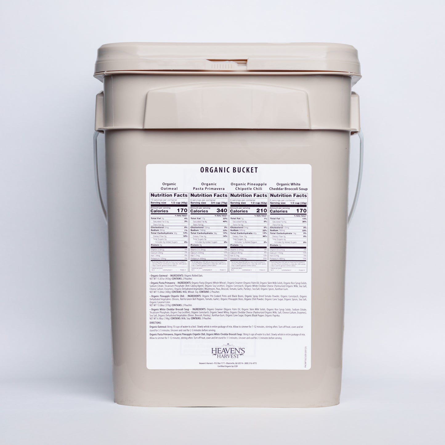 Organic Meal Bucket - 1 Person 1 Week - 62 Servings -  Emergency Food Survival Kit